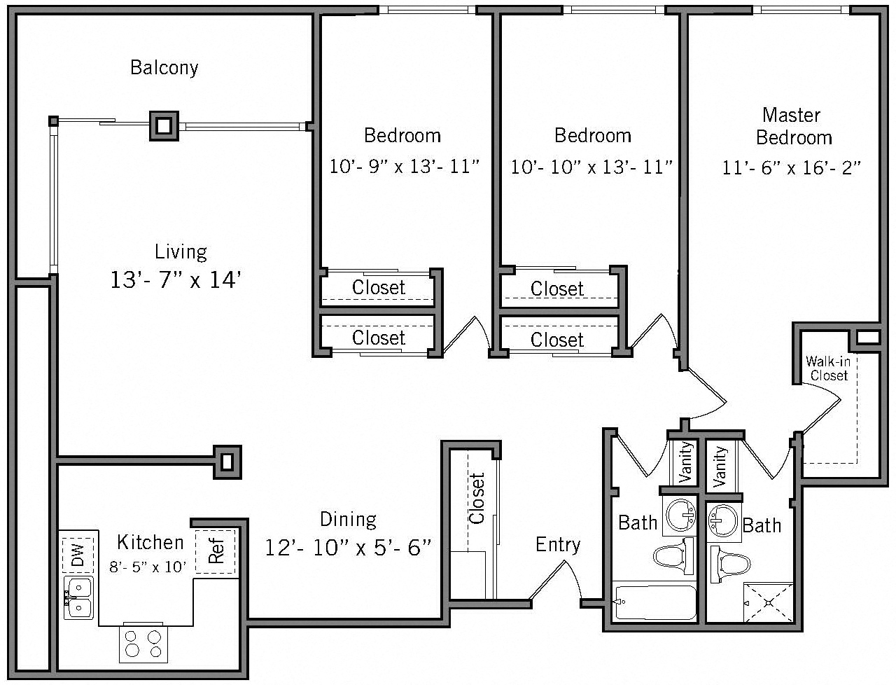 Floor plan for 3 beds, 2 baths, 1754 sqft